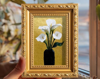 Mini Hand Painted Calla Lily Oil Painting Original Gold Leaf Still Life Floral Art Small Framed Wall Decor Mother’s Day Gift