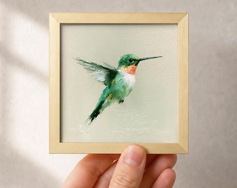 Emerald Hummingbird Oil Painting,  Original Small Framed Bird Art, Gift for Bird Lover