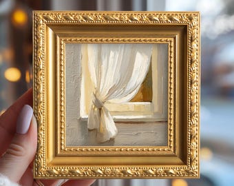 Still Life Curtain Window Small Oil Painting, Original Hand Painted Art, Gift for Homebody, Bedroom Gallery Decor
