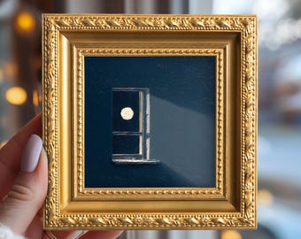Still Life Moonlit Window Small Oil Painting, Original Moon Night Art, Hand Painted Gold Framed Artwork, Gift for Homebody, Bedroom Decor