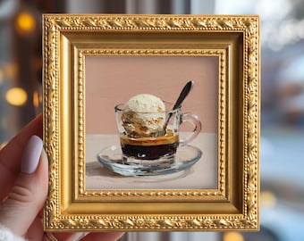 Still life Coffee Ice Cream Oil Painting, Small Original Hand Painted Food, Gold Framed Artwork, Gift for Foodies, Kitchen Wall Art Decor