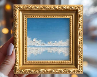 Textured Ocean Small Canvas Oil Painting, Hand Painted Calm Sky, Original Abstract Seascape, Surfer Gift, Coastal Wall Art Decor