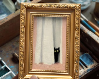 Small Peeking Black Cat Oil Painting, Original Hand Painted Animal Artwork, Commission Portrait, Home Wall Art, Birthday Gift for Pet Lover