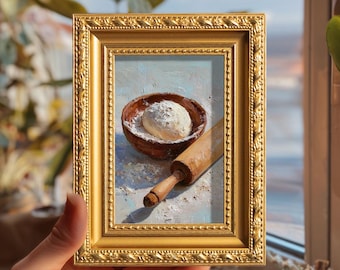 Mini Dough and Rolling Pin Oil Painting, Original Hand Painted Kitchen Art, Small Bakery Wall Decor, Rustic Food Artwork, Gift for Baker