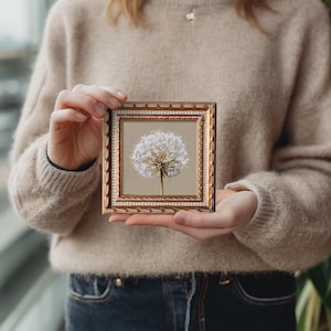 May include: A square wall art piece featuring a white dandelion seed head illustration on a beige background, encased in an ornate, metallic gold-toned frame with a textured, repeating leaf-like pattern along the outer border and inner edge.