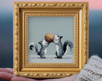 Small Squirrel Pair Oil Painting, Original Hand Painted Wild Animal, Mini Gold Frame Artwork, Home Wall Art Decor, Valentine Gifts