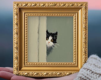 Small Peeking Cat Oil Painting, Original Hand Painted Art, Custom Portrait from Photo, Cute Kitty Wall Decor, Valentine Gift for Pet Lover