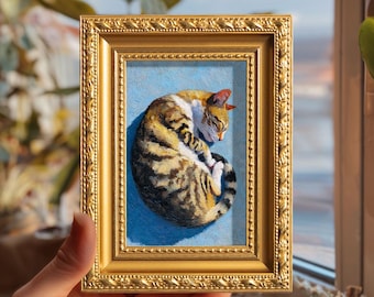 Mini-oljemålning av katt, originell handmålad djurkonst, mysig väggdekoration av tabbykatt, anpassat kattporträtt, julklapp till kattälskare