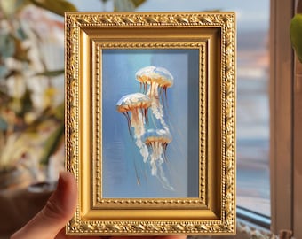 Small Jellyfish Oil Painting,  Original Hand Painted Sea Life,  Ocean Wall Art Decor, Coastal Marine Artwork, Christmas Gift for Friends