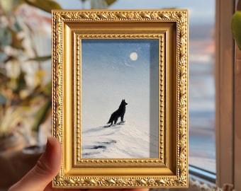 Mini Wolf Moon Oil Painting, Original Hand Painted Winter Art, Small Animal Artwork, Minimal Snow Landscape, Christmas Gift for Nature Lover