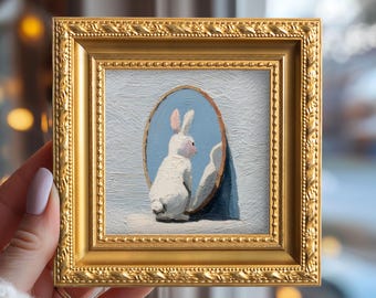 Small Bunny Mirror Oil Painting, Original Framed Wall Art, Hand Painted Canvas, Study Room Decor, Animal Art, Gift for Home Decor Lovers