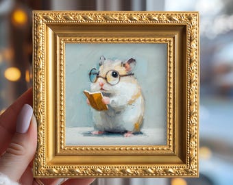 Reading Hamster Original Oil Painting, Small Hand Painted Animal Framed Art, Pet Owner Gift, Office Gallery Wall Decor