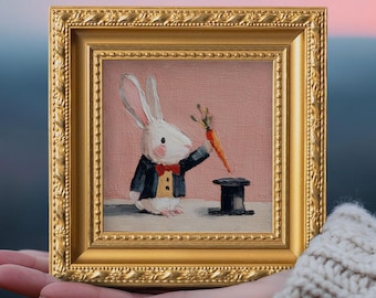 100% Original Hand Painted Bunny, Small Magician Bunny Oil Painting, Whimsical Animal Artwork, Home Wall Art Decor, Valentines Gifts