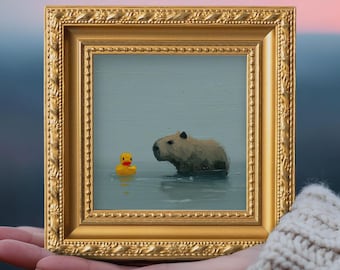 Small Oil Painting, Original Hand Painted Animal, Whimsical Artwork, Nature Wall Art, Gifts for Friends, Capybara & Rubber Duck