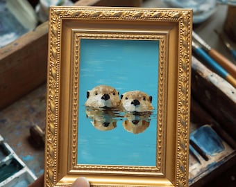 100% Original Hand Painted Wild Life, Small Gold Framed Oil Painting, Cute Animal Wall Art Decor, Gift for Couple, Otter Water Pair