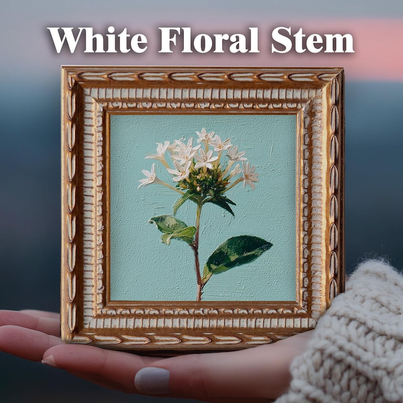 White Dandelion Original Oil Painting, Mini Framed Wall Art, Hand Painted Canvas, Botanical Decor White Floral Stem
