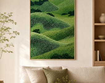 Vibrant Green Hills Oil Painting, Original Textured Line Landscape, Large Wall Art