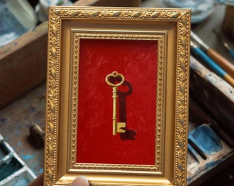 Small Golden Key Oil Painting, Original Hand Painted, Home Wall Art, 4X6 , Still life, Winter Decor, Christmas Gift for Friends
