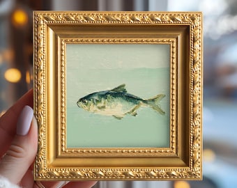 Small Green Fish in Water Oil Painting, Original Hand Painted Marine Life, Whimsical Artwork, Study Room Wall Art, Gift For Friends