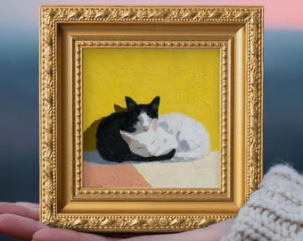 Small Cat Pair Oil Painting, Original Hand Painted Art, Cute Kitty Wall Decor, Custom Portrait from Photo, Valentine Gift for Pet Lover