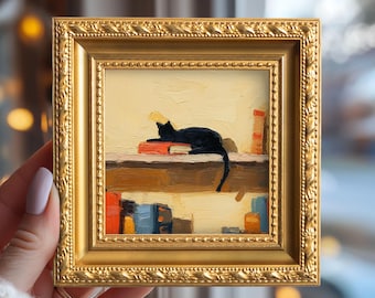 Small Black Cat on Book Oil Painting, Original Hand Painted Animal, Custom Pet Portrait, Cats Gallery Wall Art, Birthday Gift for Mother