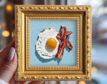 Still life Egg & Bacon Oil Painting, Small Original Hand Painted Food, Mini Gold Framed Artwork, Gift for Foodies, Kitchen Wall Art Decor