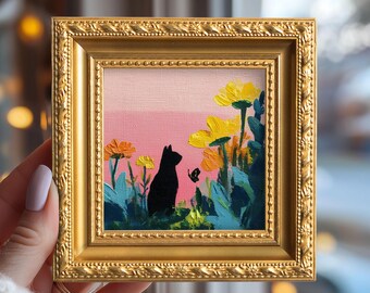 Small Black Cat in Flowers Oil Painting, Original Hand Painted Animal, Custom Pet Portrait, Cats Gallery Wall Art, Birthday Gift for Mother
