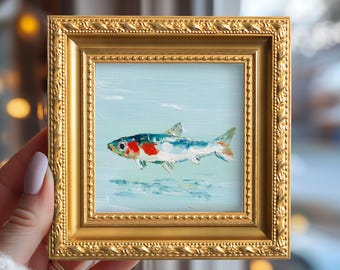 Small Koi Fish in Water Oil Painting, Original Hand Painted Marine Life, Whimsical Artwork, Study Room Wall Art, Gift For Friends