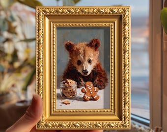 Mini Bär Ölgemälde, Original handgemaltes Tier, kleine Wandkunst Dekor, Weihnachtsgeschenk für Kinder, Lebkuchen Küche Kunstwerk