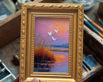 Original Landscape Oil Painting, Small Hand Painted Wall Art, Winter Decor, 4x6 Gold Framed,   Christmas Gift for Friends