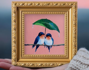 Small Original Swallow Oil Painting, Hand Painted Wall Art Decor, Bird Couple Artwork, Romantic Couple Gift, Mini Animal Artwork