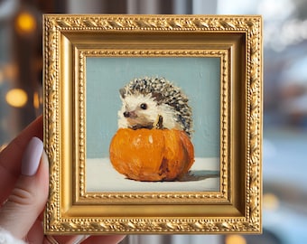 Original Pumpkin Hedgehog Oil Painting, Small Animal Wall Art, Hand Painted Wall Art, Fall Decor, Gift for Hedgehog Lovers