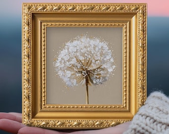 White Dandelion Original Oil Painting, Mini Framed Wall Art, Hand Painted Canvas, Botanical Decor