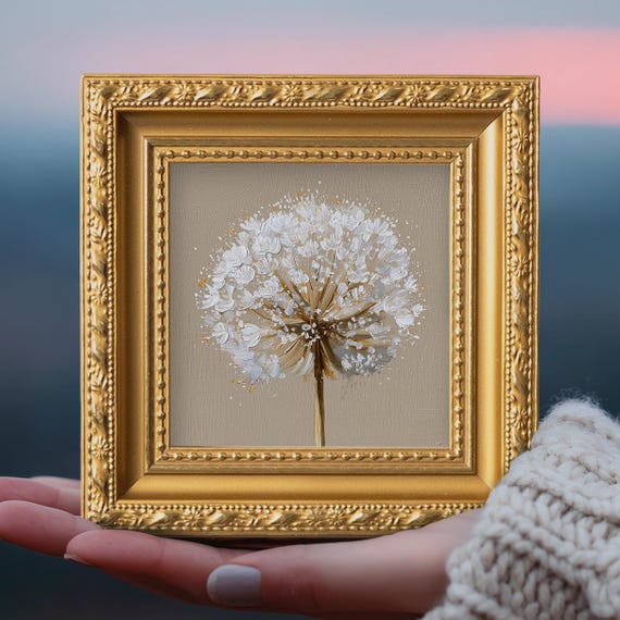 White Dandelion Original Oil Painting, Mini Framed Wall Art, Hand Painted Canvas, Botanical Decor