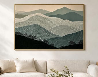 Neutral Layered Hills Oil Painting, Original Modern Line Landscape, Large Wall Art