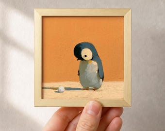 Curious Penguin Oil Painting, Original Small Winter Bird Art, Nursery Decor