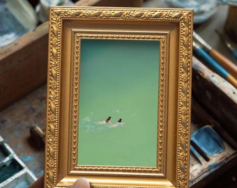 Small Swimmers Oil Painting, Mini Modern Wall Art Decor , Original Hand Painted, Minimalist Artwork, Christmas Gift for Friend