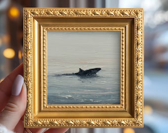 Small Whale in Ocean Oil Painting, Original Hand Painted Marine Life, Whimsical Artwork, Study Room Wall Art, Gift For Friends