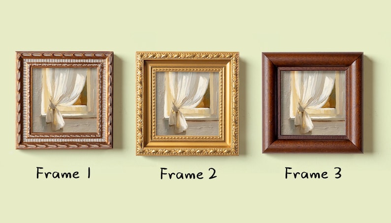 May include: Three framed miniature paintings of a window with a white curtain. The frames are different styles: ornate brown, gold, and dark brown. The text below each frame reads "Frame 1", "Frame 2", and "Frame 3".