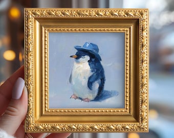 Penguin with Blue Hat Small Oil Painting, Hand Painted Original Wildlife Artwork, Gift for Animal Lover, Cozy Bedroom Wall Art Decor