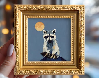 Mondwaschbär – Original-Ölgemälde, Wandbild mit kleinen Tieren, handgemalte Leinwand, Schlafzimmerdekoration, Geschenk für Naturliebhaber