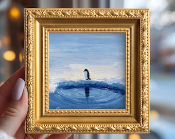 Small Penguin on Iceberg Oil Painting, Original Hand Painted Animal, Whimsical Artwork, Study Room Wall Art, Gift For Friends