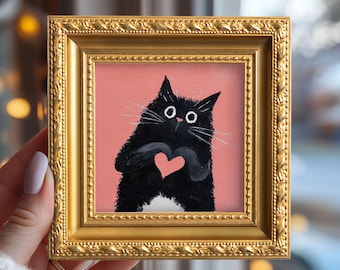 Pintura al óleo de un pequeño gato negro con corazón, original pintado a mano, decoración de pared moderna, retrato personalizado, regalo de San Valentín para amantes de las mascotas.