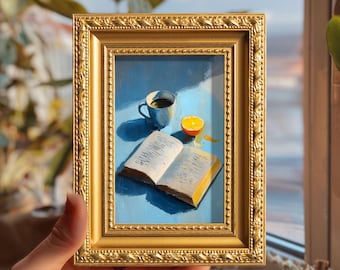 Original Coffee Book Oil Painting, Small  Still Life Art Decor, Cozy Morning Scene, Hand Painted Artwork Gift,  4X6 Gold Frame