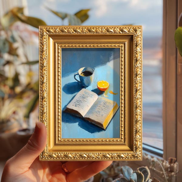 Original Coffee Book Oil Painting, Small  Still Life Art Decor, Cozy Morning Scene, Hand Painted Artwork Gift,  4X6 Gold Frame