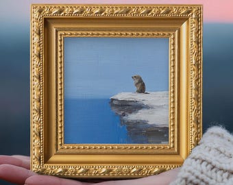 Original Hand Painted Capybara, Mini Wildlife Oil Painting, Animal Silhouette Wall Art Decor, Small Framed 5x5 Artwork, Gift for Pet Lover