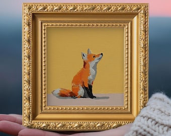Fuchs Ölgemälde, Original handgemaltes Wildtier, Goldrahmen Kunstwerk, Geschenk für Freunde