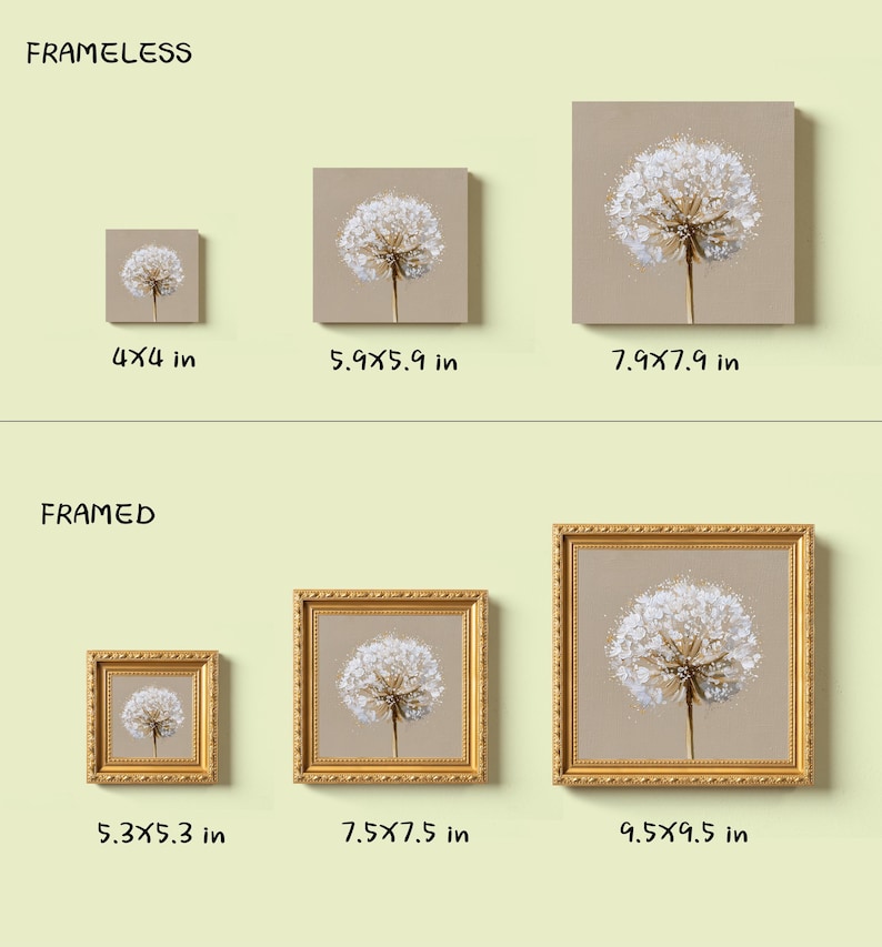 May include: A collection of square wall art prints featuring a white dandelion seed head on a beige background. The top row shows three frameless prints in sizes 4x4 in, 5.9x5.9 in, and 7.9x7.9 in. The bottom row shows three gold-framed prints in sizes 5.3x5.3 in, 7.5x7.5 in, and 9.5x9.5 in.