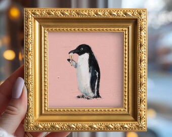 Penguin & Ice Cream Original Oil Painting, Small Framed Canvas Art, Hand Painted Canvas, Living Room Wall Art, Gift for Animal Lover