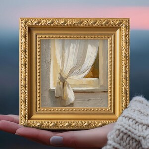 Still Life Curtain Window Small Oil Painting, Original Hand Painted Art, Gift for Homebody, Bedroom Gallery Decor image 5